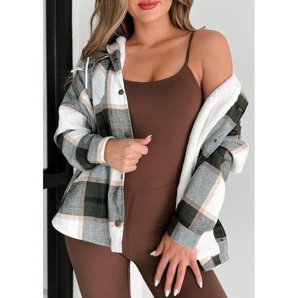 2025 Women’s Stylish Hooded Plaid Shacket Jacket with Sherpa Fleece Lining - Picture 2 of 7